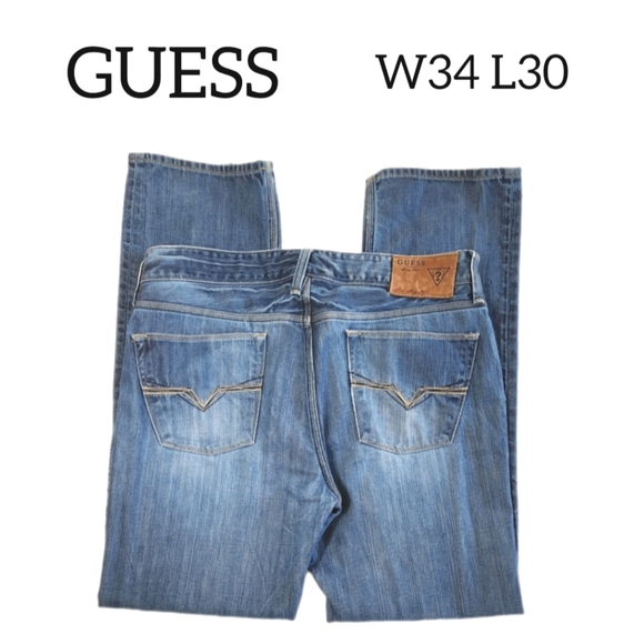 GUESS MENS JEANS W34 L30 LINCOLN DISTRESSED WASHED BLUE DENIM PREOWNED - Picture 1 of 15